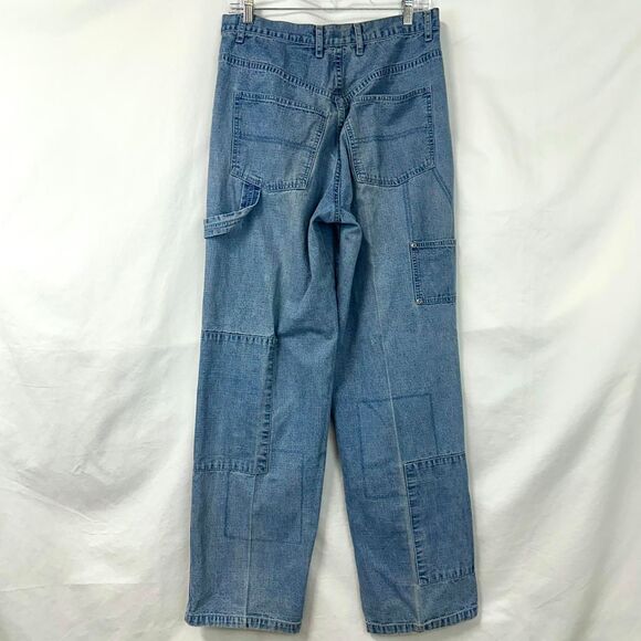 NO BOUNDARIES 2000s Y2K Blue Patchwork Baggy Wide Leg Jeans Womens 32x34 Skater - Picture 4 of 7